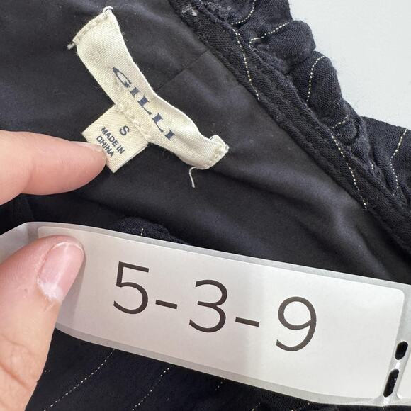 Gilli Dress Womens Small Black Gold Stripe Long Sleeve Ruffle Neck Mini Rayon - Picture 3 of 6